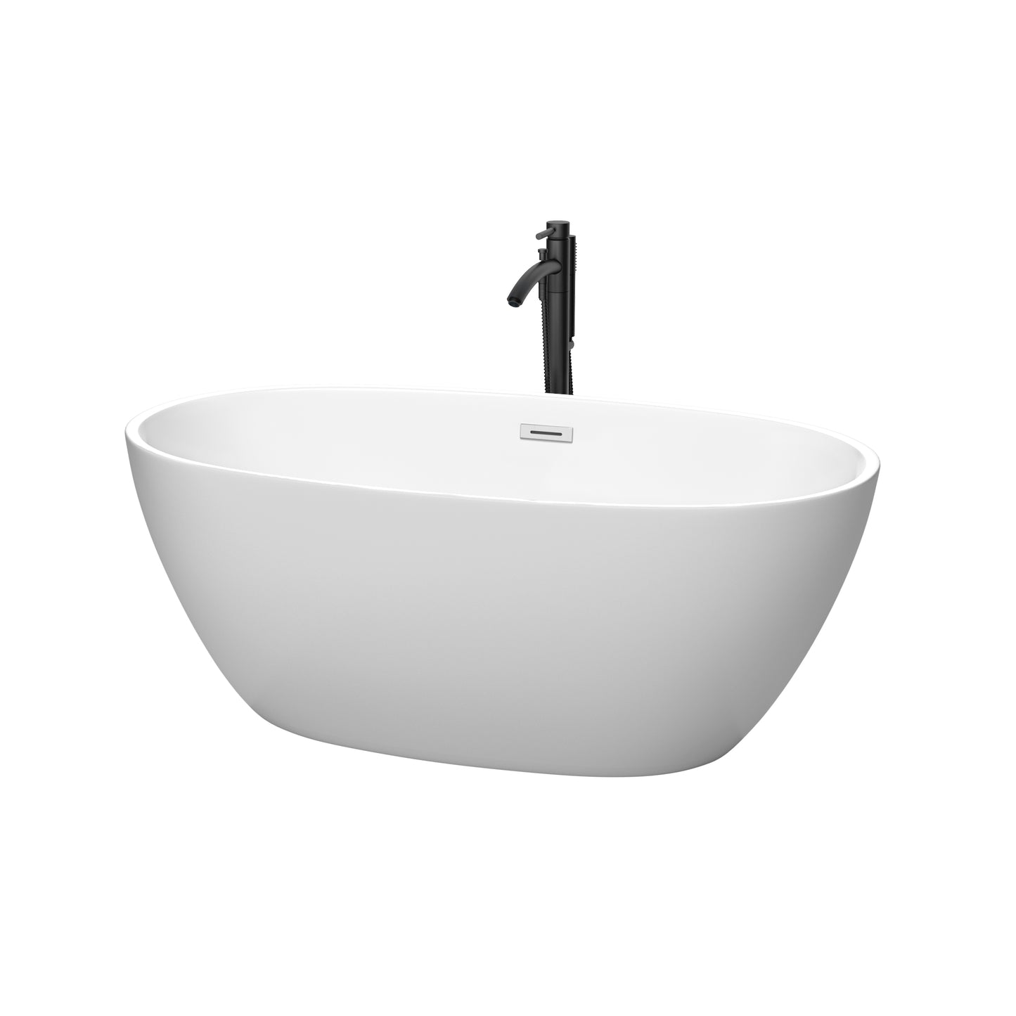 Juno 59" Freestanding Bathtub in Matte White, Chrome Trim, Faucet in Black