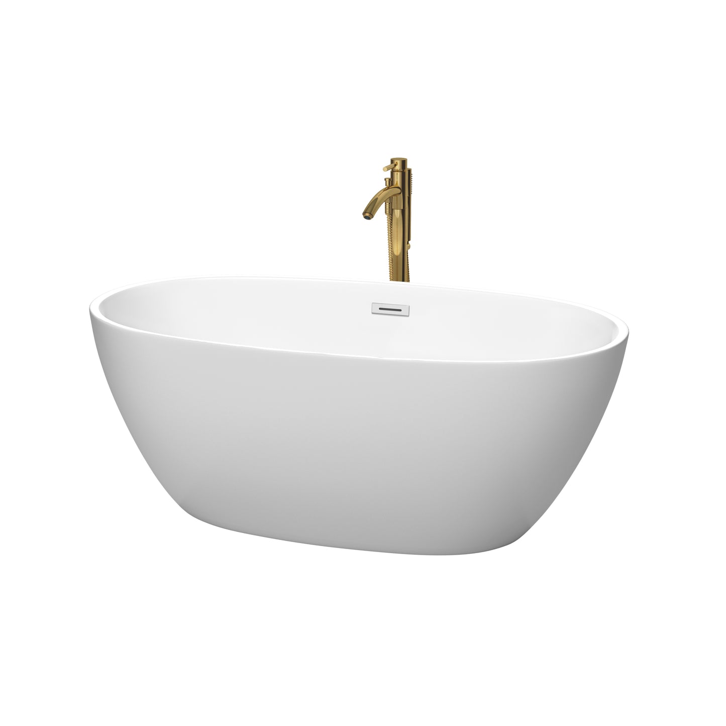 Juno 59" Freestanding Bathtub in Matte White, Chrome Trim, Faucet in Gold