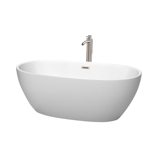 Juno 63" Freestanding Bathtub in Matte White, Trim in Brushed Nickel