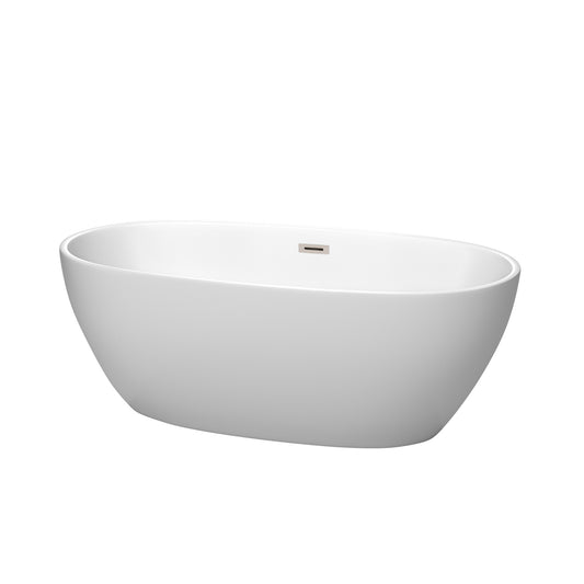 Juno 63" Freestanding Bathtub in Matte White, Brushed Nickel Drain, Trim