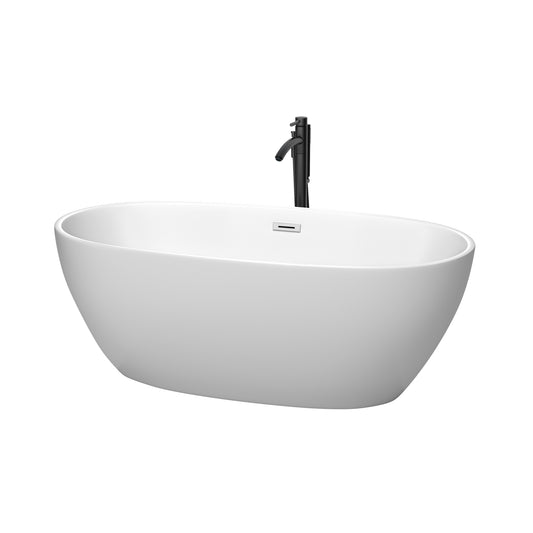 Juno 63" Freestanding Bathtub in Matte White, Chrome Trim, Faucet in Black