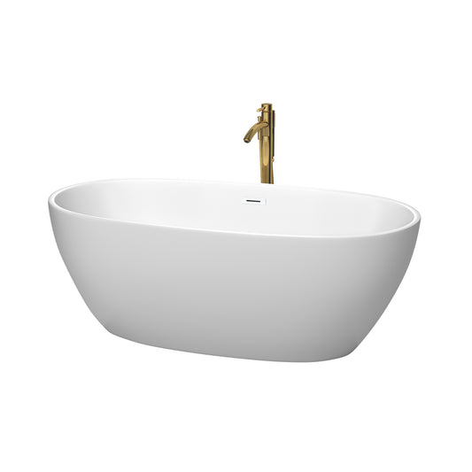 Juno 63" Freestanding Bathtub in Matte White, White Trim, Faucet in Brushed Gold