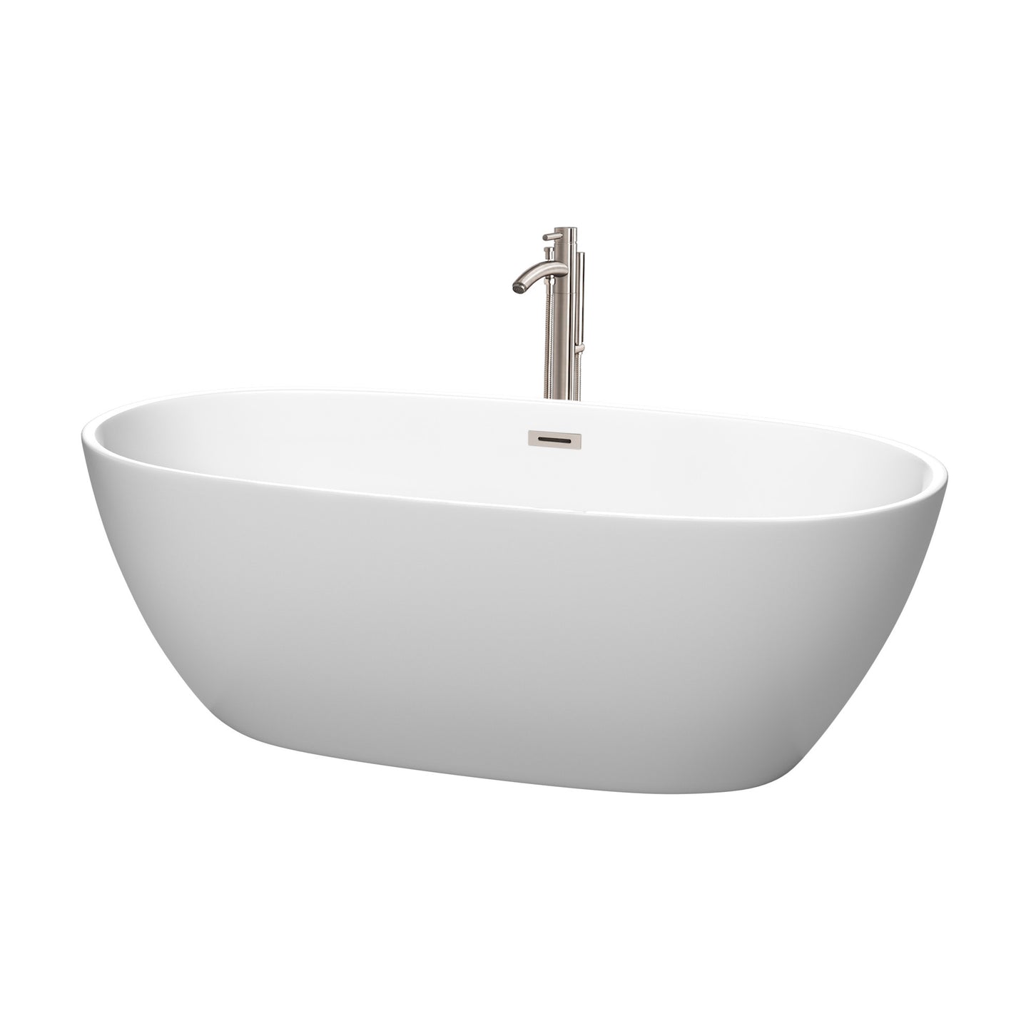 Juno 67" Freestanding Bathtub in Matte White, Trim in Brushed Nickel