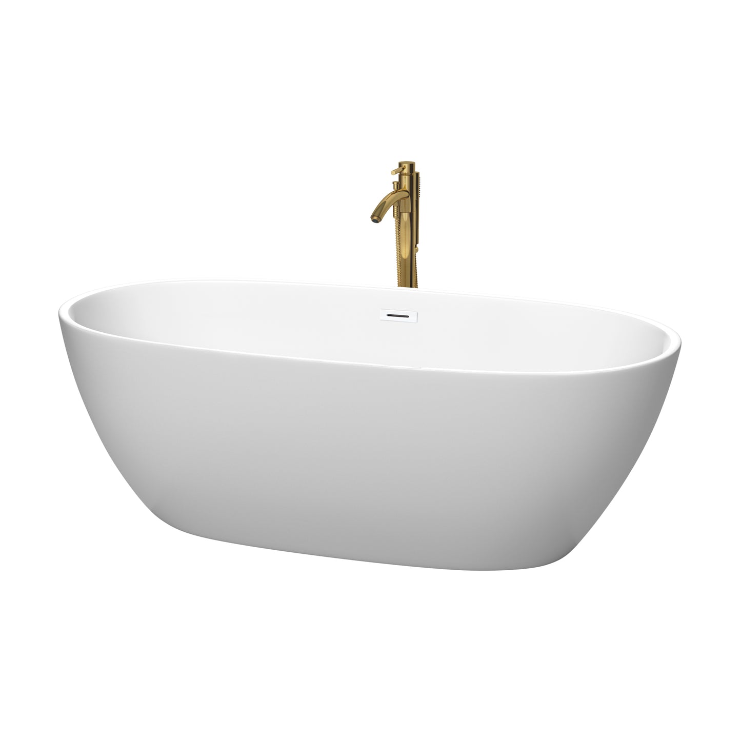 Juno 67" Freestanding Bathtub in Matte White, White Trim, Faucet in Brushed Gold