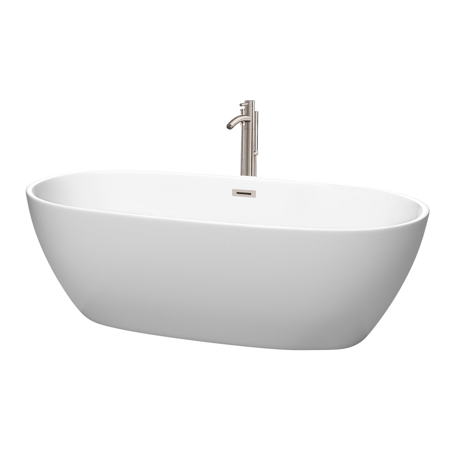 Juno 71" Freestanding Bathtub in Matte White, Overflow Trim in Brushed Nickel