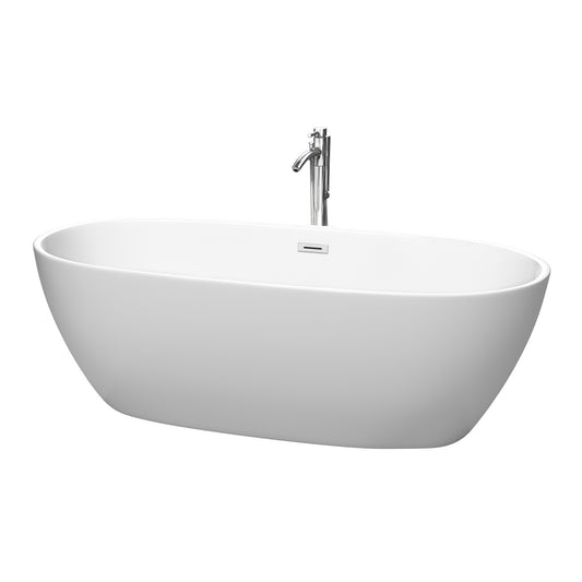 Juno 71" Freestanding Bathtub in Matte White, Overflow Trim in Polished Chrome