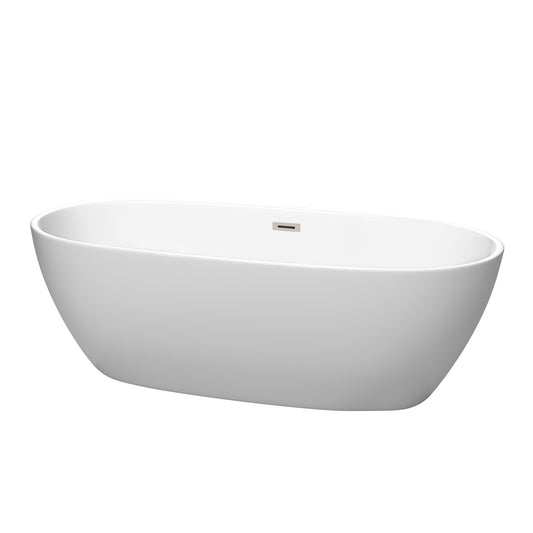 Juno 71" Freestanding Bathtub in Matte White, Brushed Nickel Drain, Trim