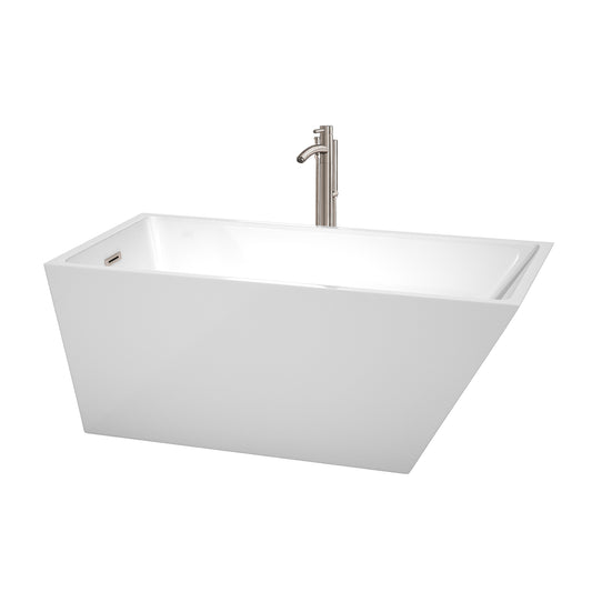 Hannah 59" Freestanding Bathtub in White, Overflow Trim in Brushed Nickel