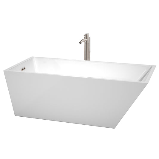 Hannah 67" Freestanding Bathtub in White, Overflow Trim in Brushed Nickel