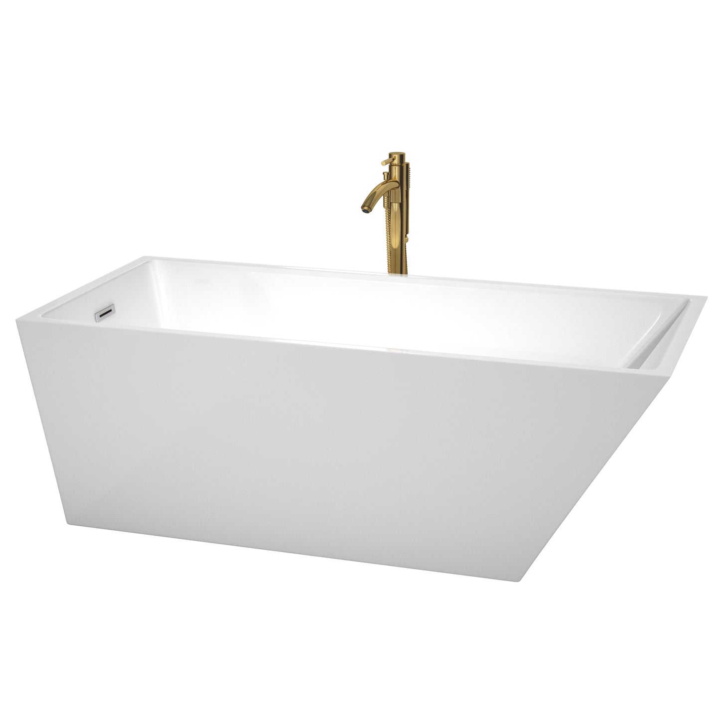 Hannah 67" Freestanding Bathtub in White, Chrome Trim, Faucet in Brushed Gold