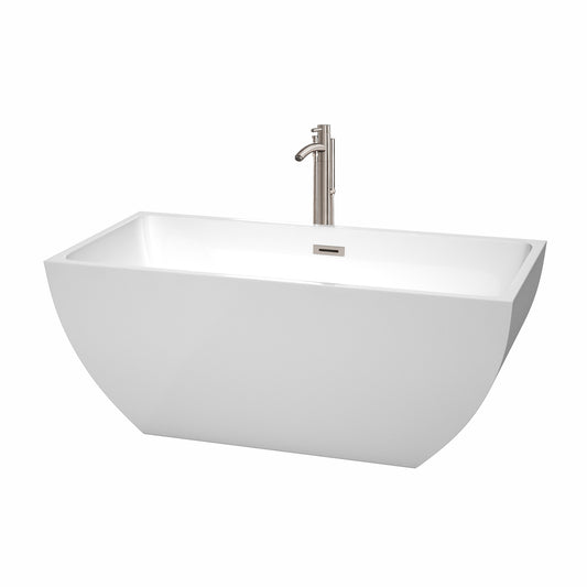 Rachel 59 inch Freestanding Bathtub in White with Floor Mounted Faucet, Drain and Overflow Trim in Brushed Nickel