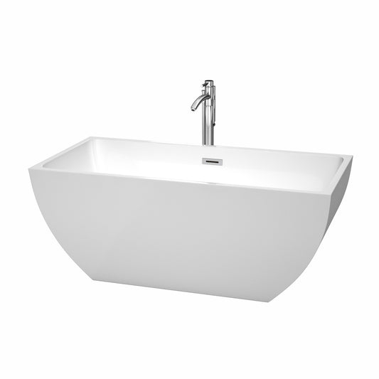 Rachel 59 inch Freestanding Bathtub in White with Floor Mounted Faucet, Drain and Overflow Trim in Polished Chrome