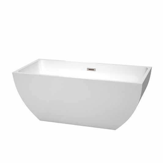 Rachel 59 inch Freestanding Bathtub in White with Brushed Nickel Drain and Overflow Trim