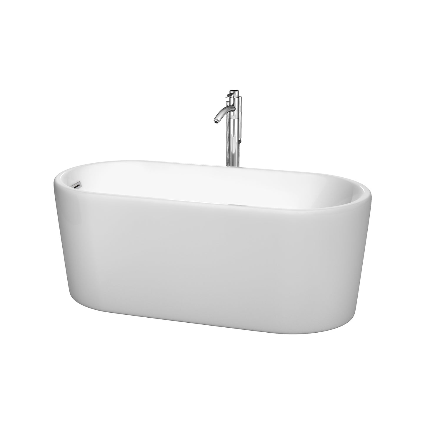 Ursula 59 inch Freestanding Bathtub in White with Floor Mounted Faucet, Drain and Overflow Trim in Polished Chrome