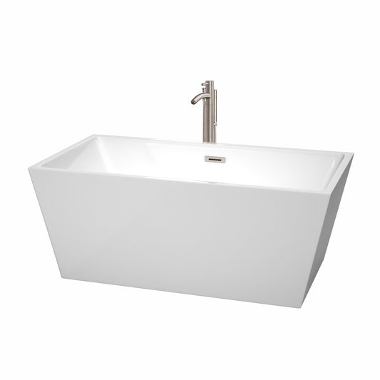 Sara 59" Freestanding Bathtub in White, Overflow Trim in Brushed Nickel