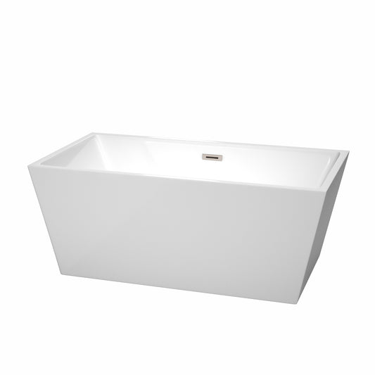 Sara 59" Freestanding Bathtub in White, Brushed Nickel Drain, Overflow Trim