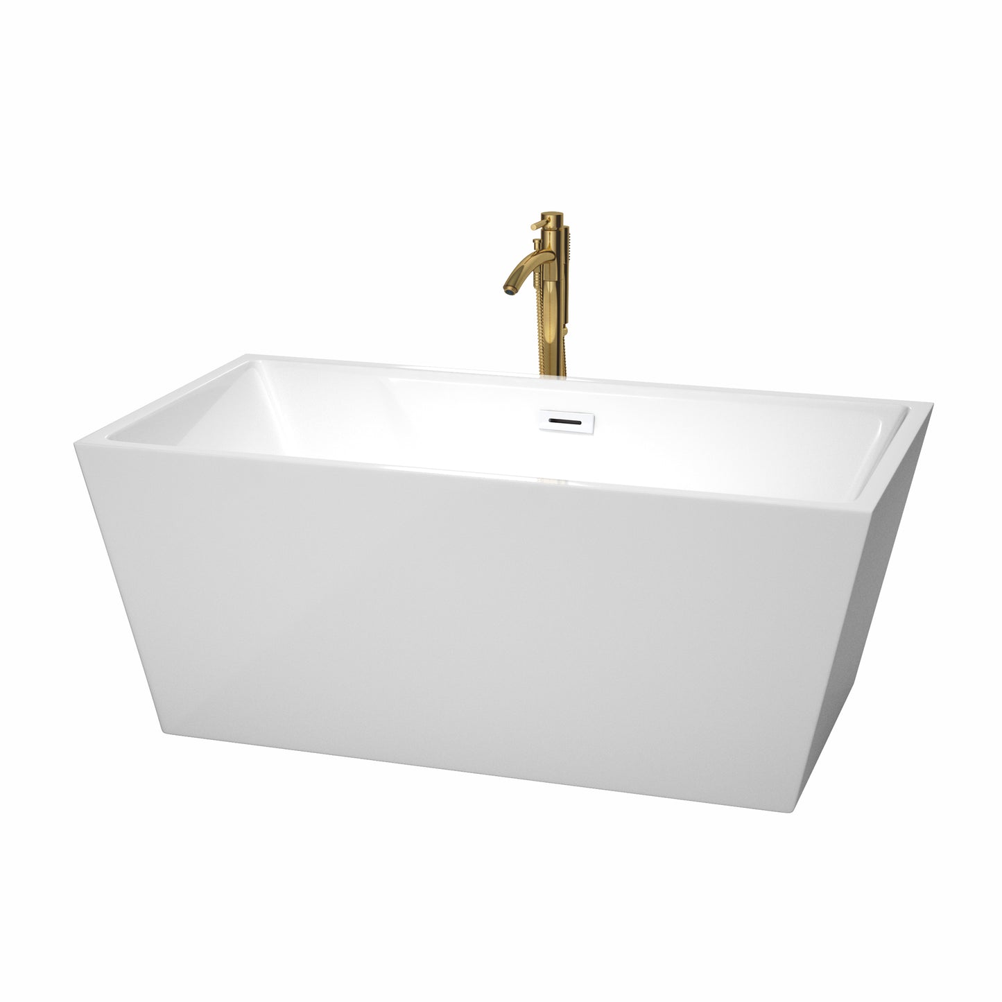 Sara 59" Freestanding Bathtub in White, Shiny White Trim, Faucet in Brushed Gold