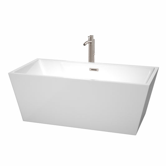 Sara 63" Freestanding Bathtub in White, Overflow Trim in Brushed Nickel