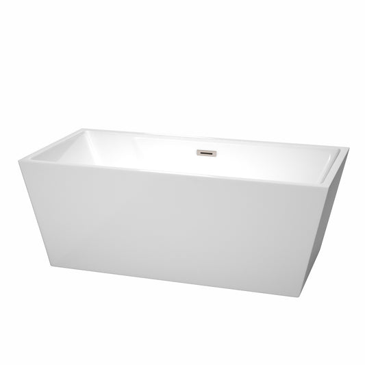 Sara 63" Freestanding Bathtub in White, Brushed Nickel Drain, Overflow Trim