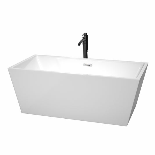 Sara 63" Freestanding Bathtub in White, Polished Chrome Trim, Faucet in Black