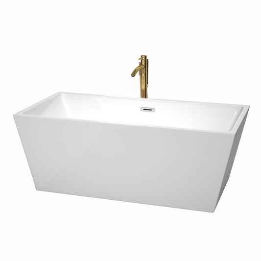 Sara 63" Freestanding Bathtub in White, Chrome Trim, Faucet in Brushed Gold