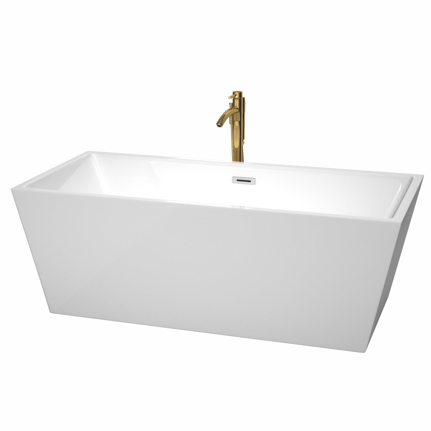 Sara 67" Freestanding Bathtub in White, Chrome Trim, Faucet in Brushed Gold