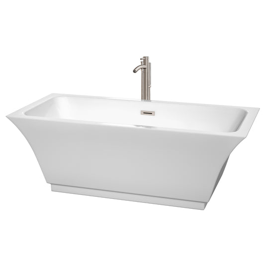 Galina 67" Freestanding Bathtub in White, Overflow Trim in Brushed Nickel