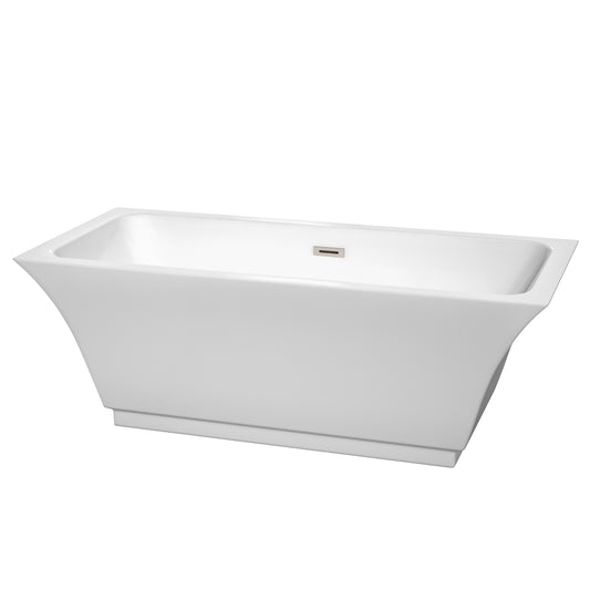 Galina 67" Freestanding Bathtub in White, Brushed Nickel Drain, Overflow Trim