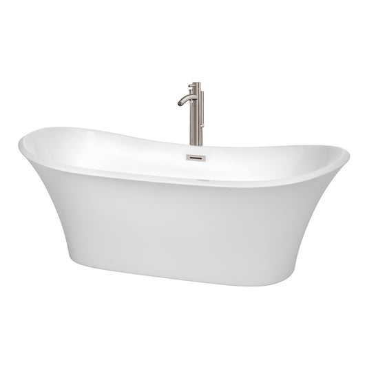 Bolera 71 inch Freestanding Bathtub in White with Floor Mounted Faucet, Drain and Overflow Trim in Brushed Nickel