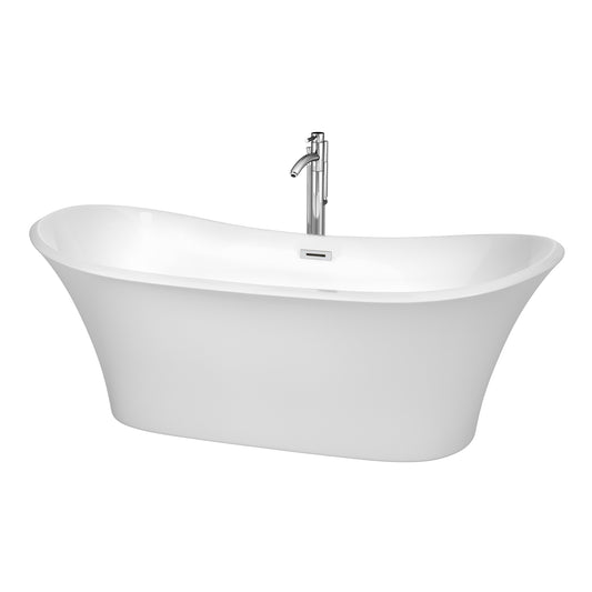 Bolera 71 inch Freestanding Bathtub in White with Floor Mounted Faucet, Drain and Overflow Trim in Polished Chrome