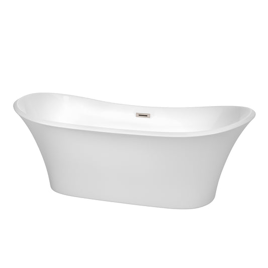 Bolera 71 inch Freestanding Bathtub in White with Brushed Nickel Drain and Overflow Trim