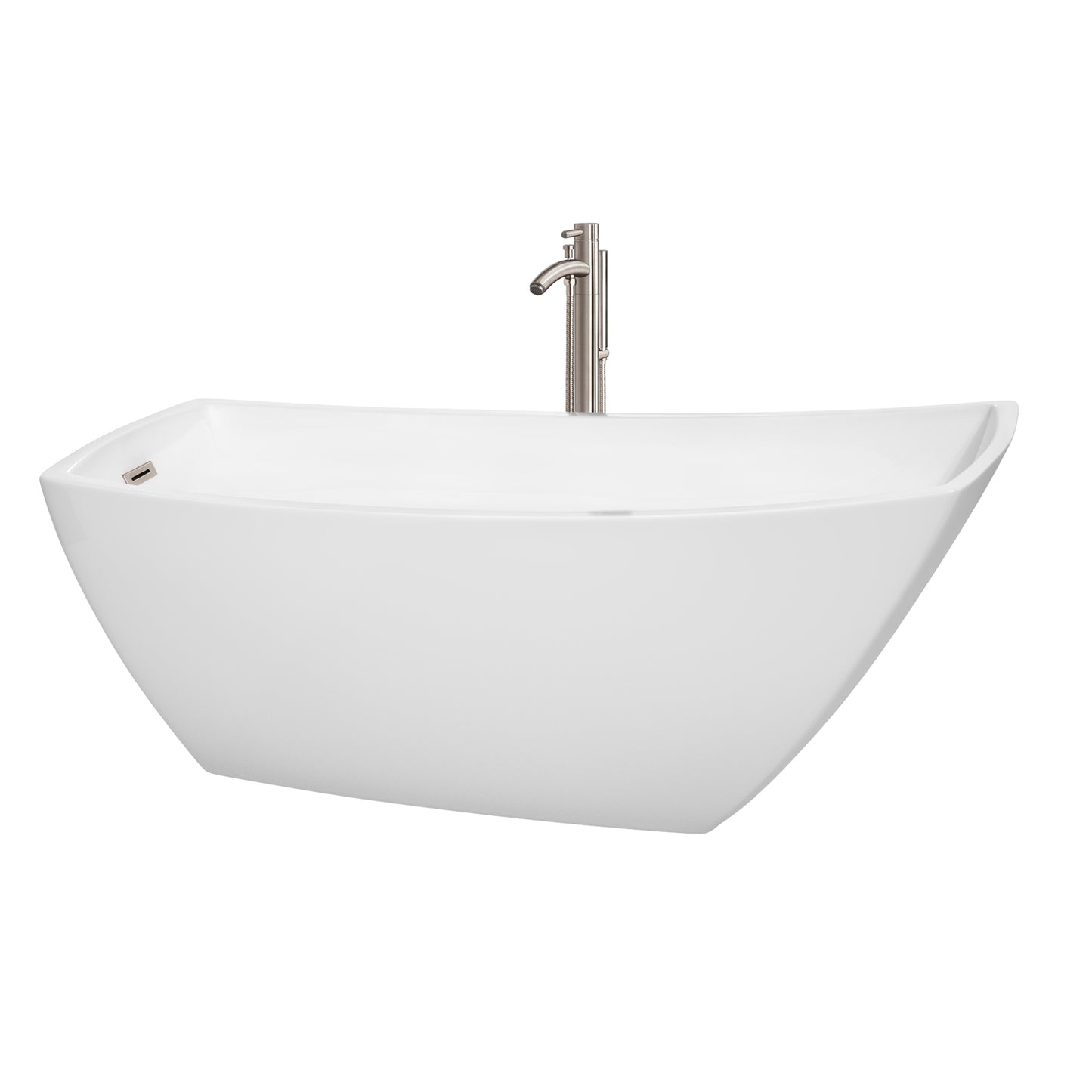 Antigua 67 inch Freestanding Bathtub in White with Floor Mounted Faucet, Drain and Overflow Trim in Brushed Nickel