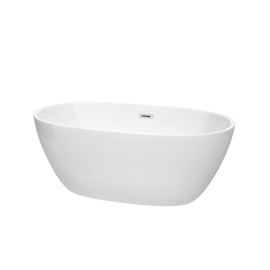 Juno 59" Freestanding Bathtub in White, Polished Chrome Drain, Overflow Trim