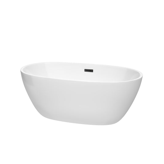 Juno 59" Freestanding Bathtub in White, Matte Black Drain, Overflow Trim