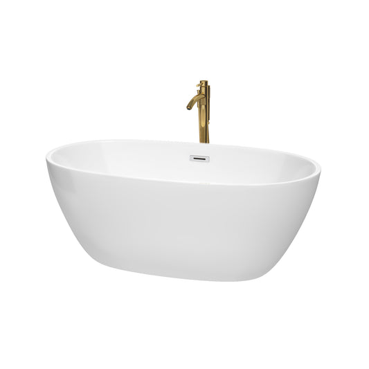 Juno 59" Freestanding Bathtub in White, Chrome Trim, Faucet in Brushed Gold