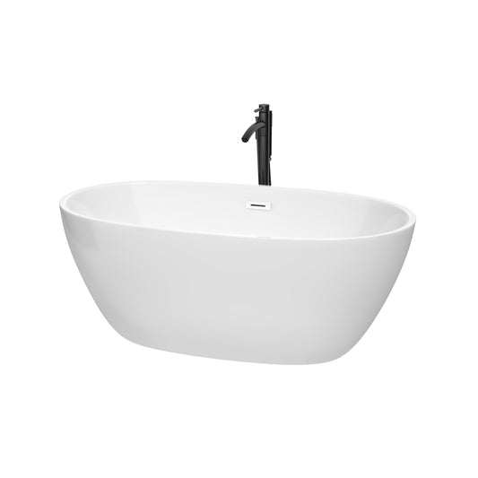 Juno 59" Freestanding Bathtub in White, Shiny White Trim, Faucet in Matte Black