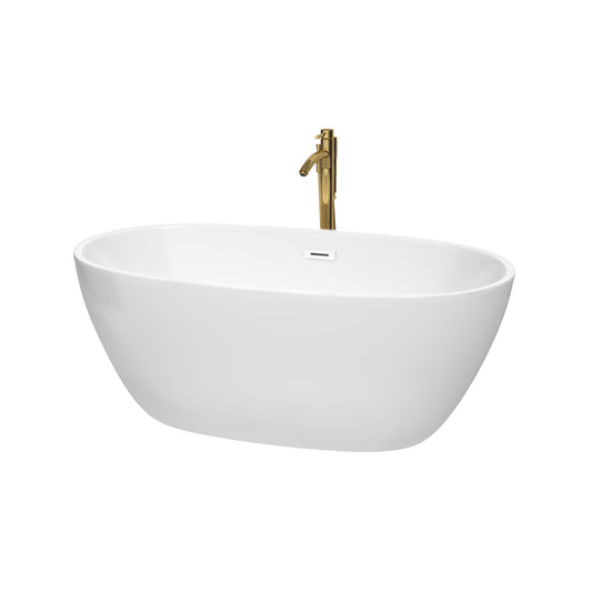 Juno 59" Freestanding Bathtub in White, Shiny White Trim, Faucet in Brushed Gold