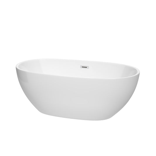 Juno 63" Freestanding Bathtub in White, Polished Chrome Drain, Overflow Trim