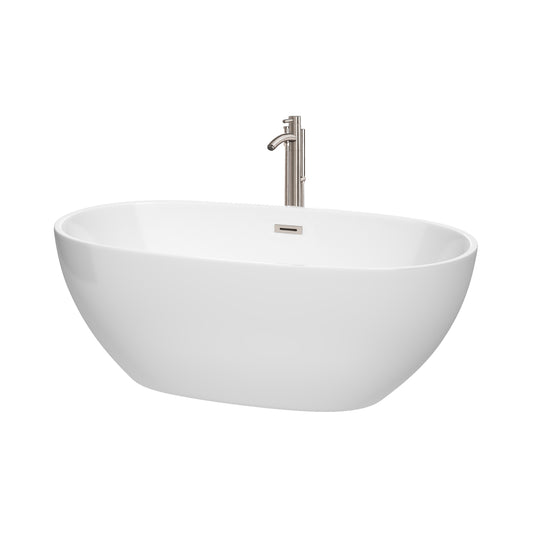 Juno 63" Freestanding Bathtub in White, Overflow Trim in Brushed Nickel