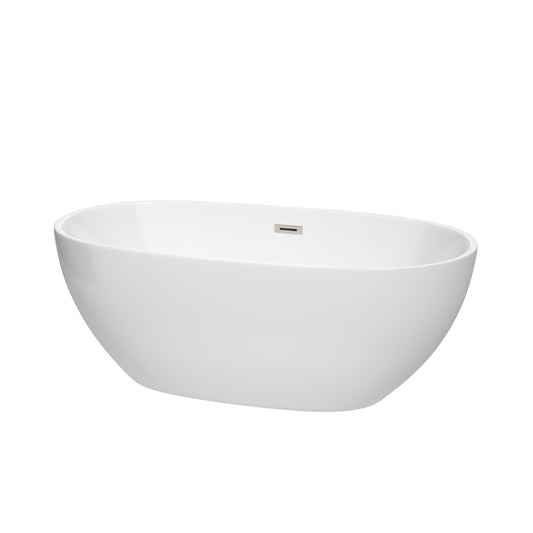 Juno 63" Freestanding Bathtub in White, Brushed Nickel Drain, Overflow Trim