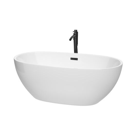 Juno 63" Freestanding Bathtub in White, Overflow Trim in Matte Black