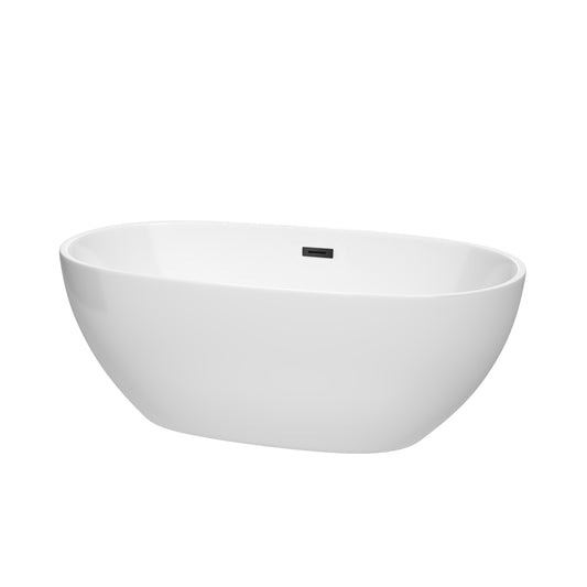 Juno 63" Freestanding Bathtub in White, Matte Black Drain, Overflow Trim