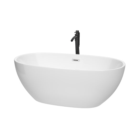 Juno 63" Freestanding Bathtub in White, Polished Chrome Trim, Faucet in Black