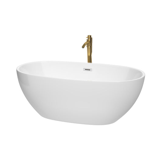 Juno 63" Freestanding Bathtub in White, Chrome Trim, Faucet in Brushed Gold