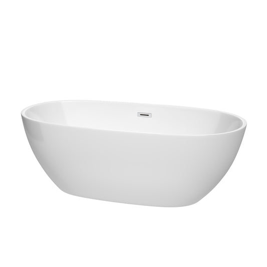 Juno 67" Freestanding Bathtub in White, Polished Chrome Drain, Overflow Trim