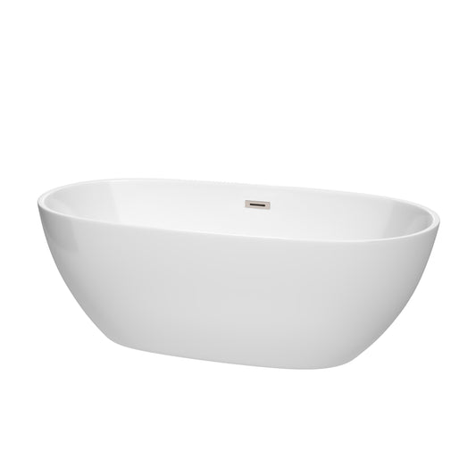 Juno 67" Freestanding Bathtub in White, Brushed Nickel Drain, Overflow Trim