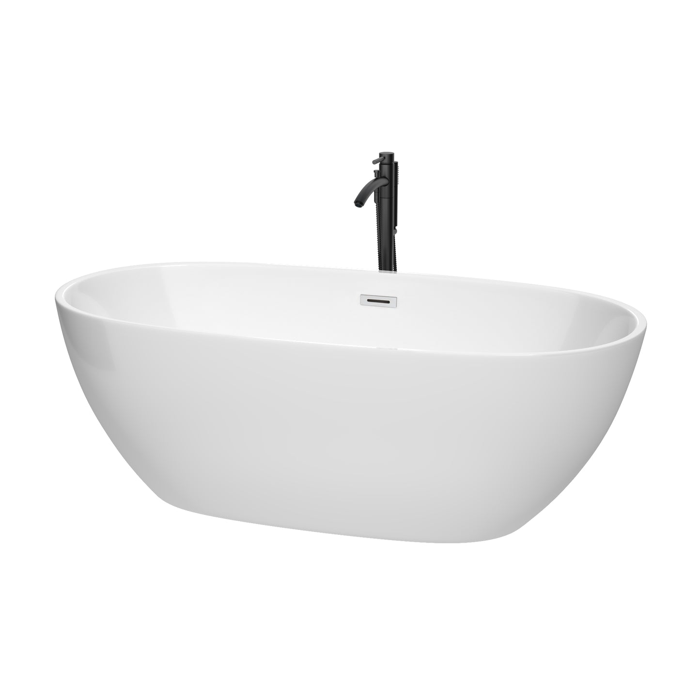 Juno 67" Freestanding Bathtub in White, Polished Chrome Trim, Faucet in Black