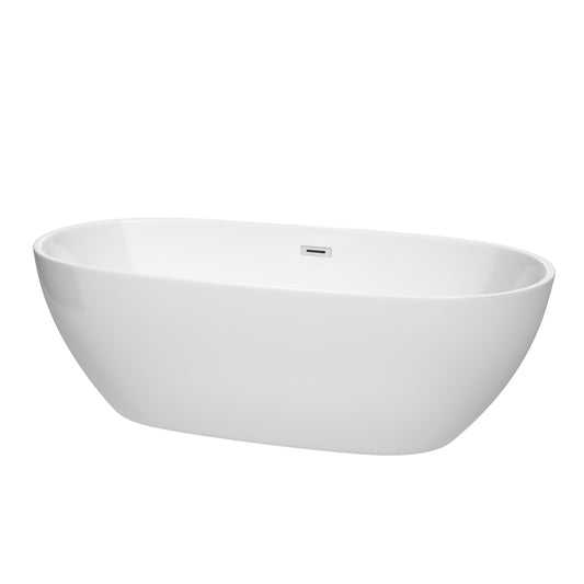 Juno 71" Freestanding Bathtub in White, Polished Chrome Drain, Overflow Trim