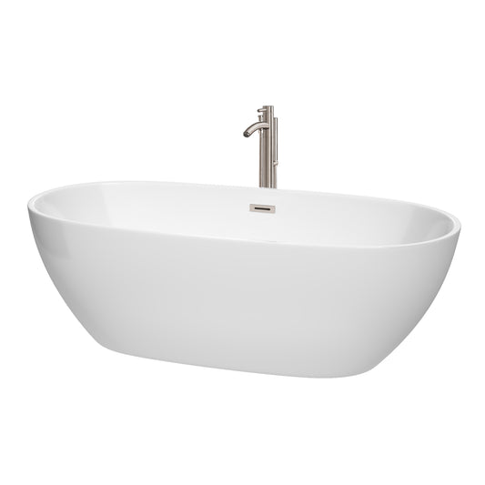 Juno 71" Freestanding Bathtub in White, Overflow Trim in Brushed Nickel