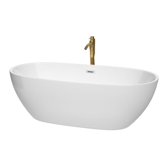 Juno 71" Freestanding Bathtub in White, Chrome Trim, Faucet in Brushed Gold